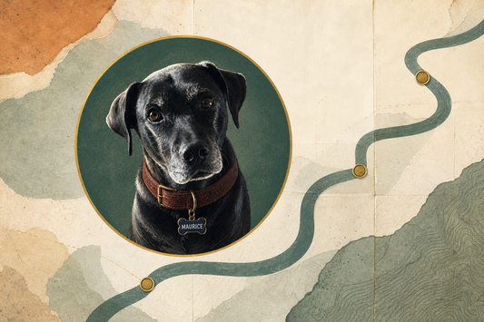 Illustrated portrait of Maurice in a brass-edged medallion beside an abstract mineral-green travel route.